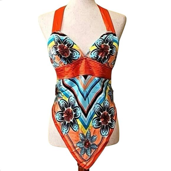 Bebe Silk Hankerchief Backless Lined Cups Colorful Halter Tie Back Clasp Sz XS - Picture 1 of 4
